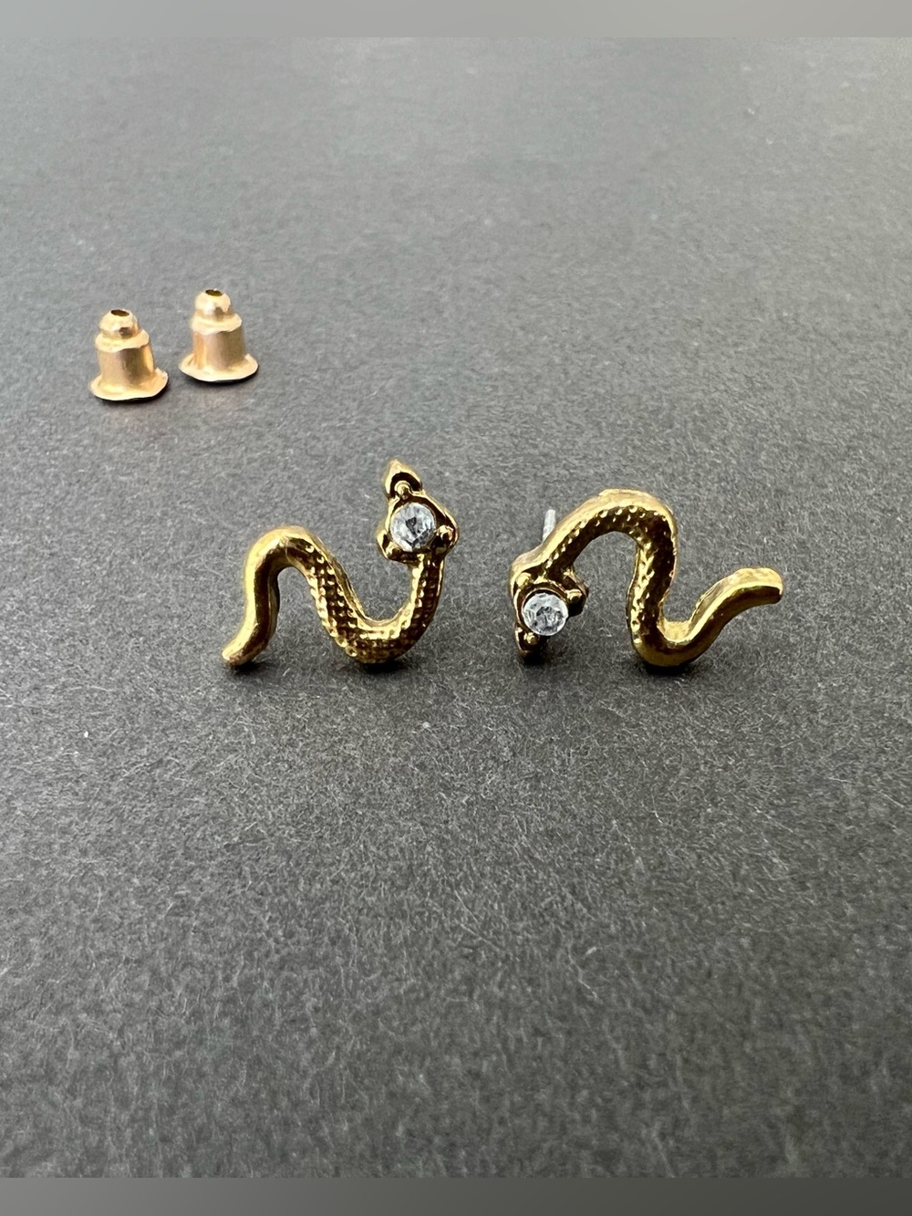 Snake Gold Tone Stud Earrings with Clear Crystal
